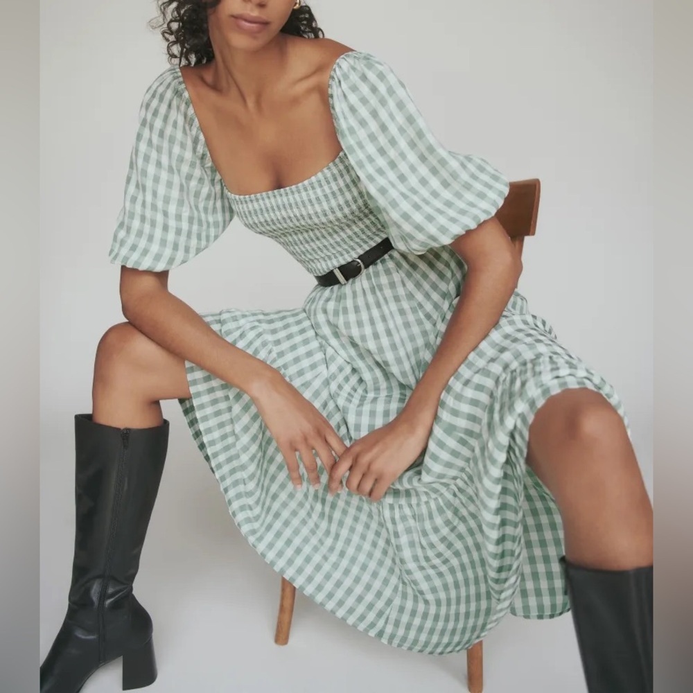 Reformation Mint Green Gingham Midi Rupert Dress